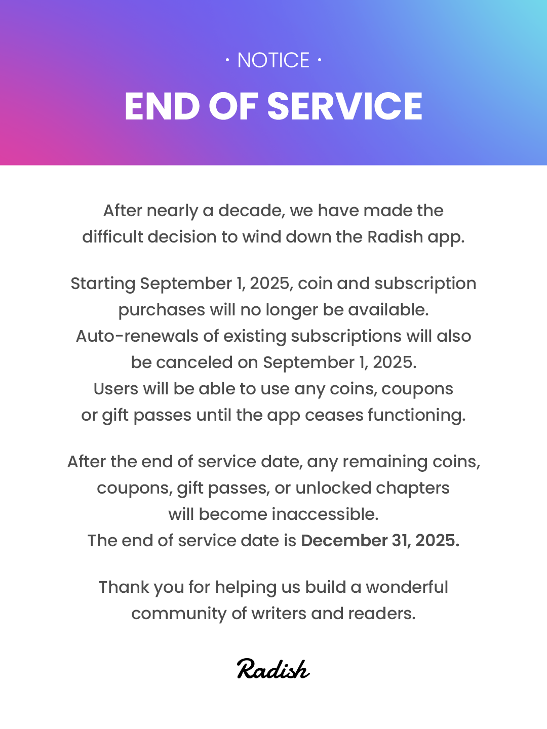 End of Service Notice